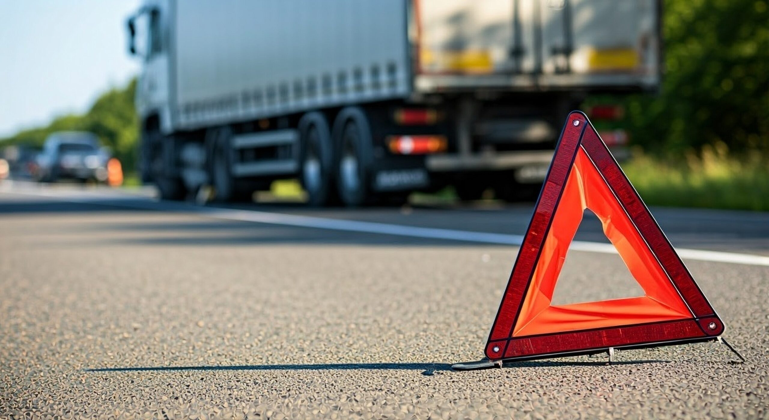Warning triangle on a roadway with a semi-truck stopped in the background, representing a truck accident or roadside emergency.