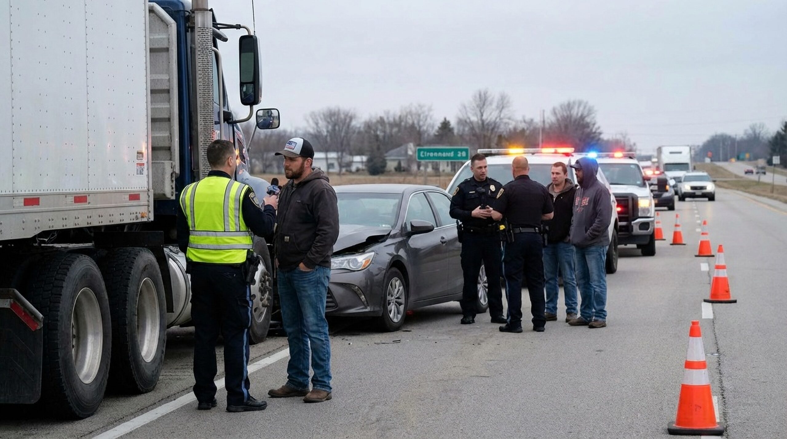 Police officers and drivers at the scene of a semi-truck and car accident on a highway with emergency vehicles and traffic cones.